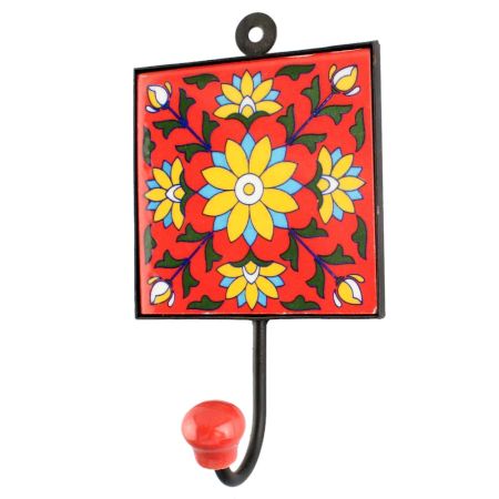 Sunflower Ceramic Flower Tile Hook With Red Base
